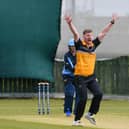 Cregagh’s Adam Beattie bowls out Iain Parkhill against Carrick but the top-flight return finished in defeat at Middle Road. Pic by Pacemaker.
