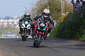 Adam McLean (McAdoo Kawasaki) leads Michael Sweeney (MJR BMW) shortly before his crash in the Cookstown 100 Superbike race on Saturday.