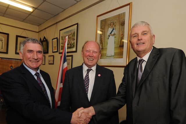 TUV South Down candidate Harold McKee (left) with party leader Jim Allister (centre) and former DUP South Down MLA Jim Wells