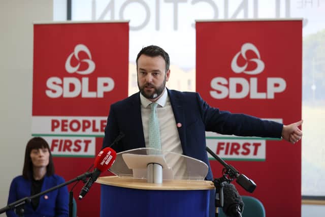 SDLP leader Colum Eastwood at the SDLP manifesto launch at The Junction, Dungannon.