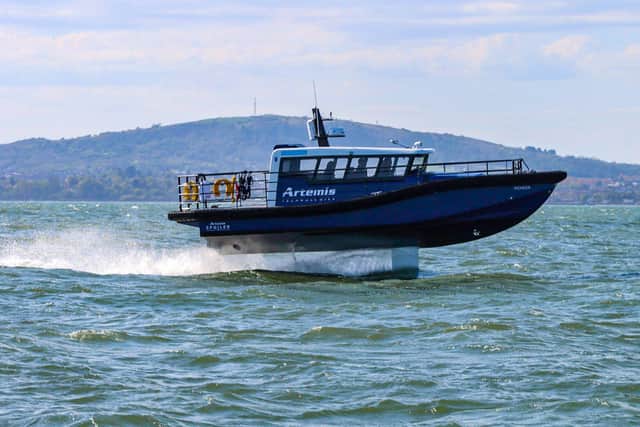 Artemis Technologies has just released the first pictures of its 100% electric, high-speed foiling workboat prototype on Belfast Lough