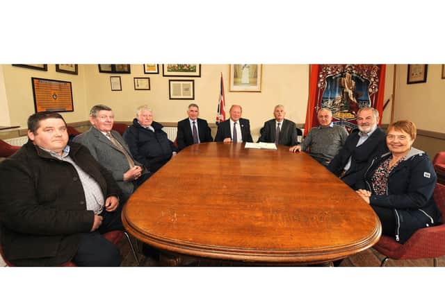 Jim Allister,TUV Leader and Harold McKee, TUV South Down candidate, attended a meeting in Rathfriland Orange Hall, hosted by Jim Wells, former DUP South Down MLA and former office bearers of the South Down DUP Association, including from left, Clifford Wilson, Fergie Bingham, Founding Member, Rowland Wilson, Chairman, retired Councillors William Burns, Association Secretary and Garth Craig, Newry, Mourne and Down Borough Council and his wife Olive. © Photo: Gary Gardiner.