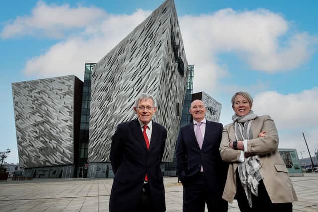 Pictured at Titanic Belfast at the launch of its marketing plans is keynote speaker, travel journalist and broadcaster Simon Calder with Visit Belfast chief executive Gerry Lennon and the organisation’s chair, Kathryn Thomson