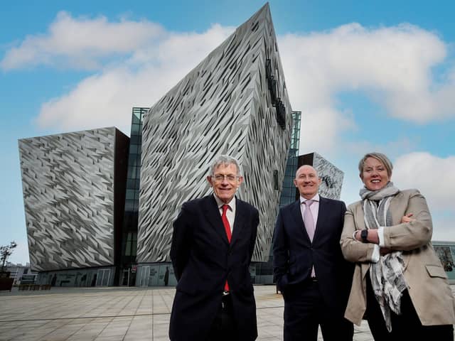 Pictured at Titanic Belfast at the launch of its marketing plans is keynote speaker, travel journalist and broadcaster Simon Calder with Visit Belfast chief executive Gerry Lennon and the organisation’s chair, Kathryn Thomson