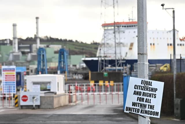 A placard protesting against the NI Protocol at Larne port.