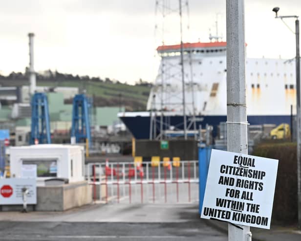 A placard protesting against the NI Protocol at Larne port.