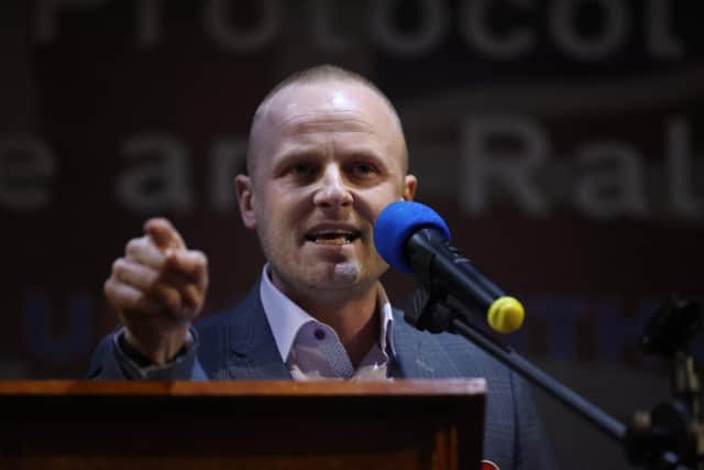 Loyalist campaigner Jamie Bryson speaks during a anti Northern Ireland Protocol rally and parade in Ballymoney last month.