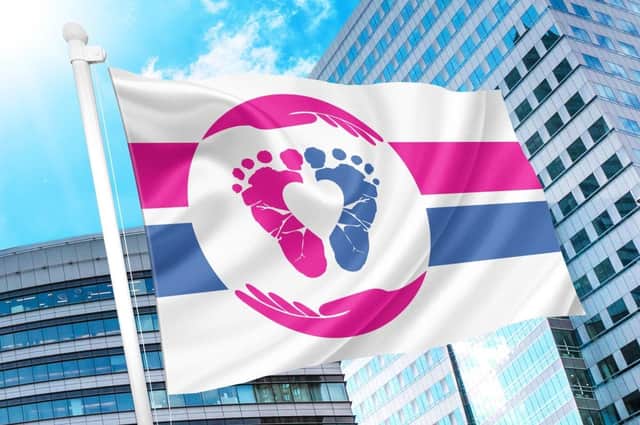 A flag recently created by the anti-abortion movement in the US, aimed at unifying the movement worldwide (under the banner of www.prolifeflag.com)
