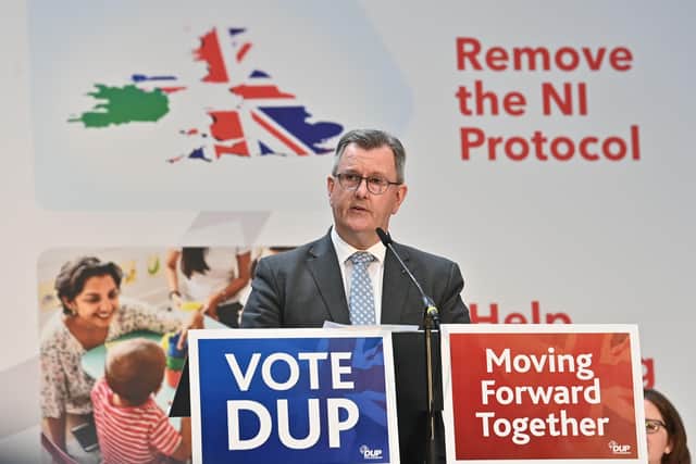 DUP leader Sir Jeffrey Donaldson during the party's manifesto launch at A J Power in Craigavon on Thursday