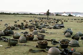 File photo dated 21/05/1982 of steel helmets abandoned by Argentine armed forces who surrendered at Goose Green to British Falklands Task Force troops. PRESS ASSOCIATION Photo. Issue date: Sunday March 18, 2012. Thirty years ago the Falkland Islands suddenly went from being a forgotten corner of what remained of the British Empire to a dramatic test of the UK's global power status.  The remote group of boggy, windswept islands in the South Atlantic, whose 1,800 human inhabitants were vastly outnumbered by sheep, became a battleground between the ambitions of Argentina's military junta and the steely determination of Margaret Thatcher. Simmering diplomatic tensions over the ownership of the Falklands boiled over in the spring of 1982 and Argentine forces invaded the islands they call the Malvinas.  In response, Britain launched its biggest naval operation since the Second World War, sending a task force of 27,000 personnel and more than 100 ships to retake the territory. Lasting just 74 days, the Falklands War