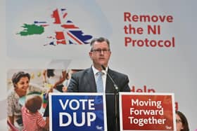 DUP leader Jeffrey Donaldson during his party's manifesto launch at AJ Power in Craigavon on Thursday, ahead of the assembly election on May 5.
 Pic Colm Lenaghan/Pacemaker