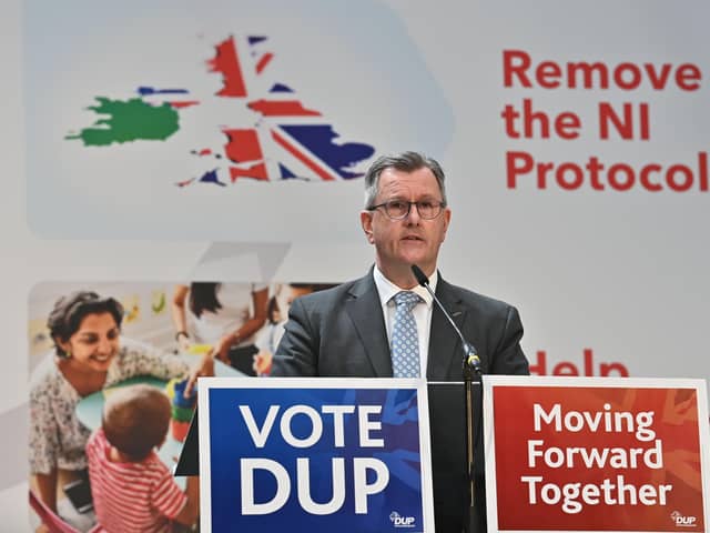 DUP leader Jeffrey Donaldson during his party's manifesto launch at AJ Power in Craigavon on Thursday, ahead of the assembly election on May 5.
 Pic Colm Lenaghan/Pacemaker