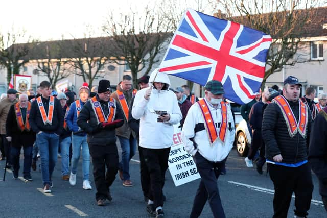 Anti-Northern Ireland Protocol rally in Lurgan, Co Armagh in April 2022.

Photo:  Kelvin Boyes / Press Eye.