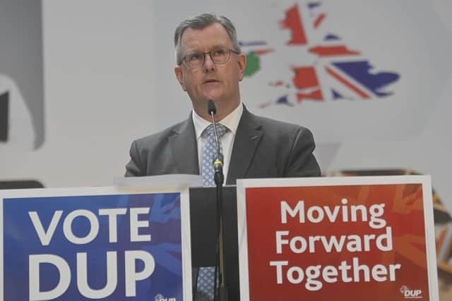 Sir Jeffrey Donaldson, the DUP leader, seen at the  launch of their manifesto for the 2022 NI Assembly election, at AJ Power Ltd in Craigavon, Co Armagh. He is a Stormont candidate in Lagan Valley. Picture: Mark Marlow/PA Wire