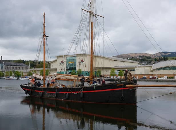 Brixham Trawler 'Leader', a heritage tall ship, arrives in her new home at the Albert Basin in Newry. Credit Columba O'Hare