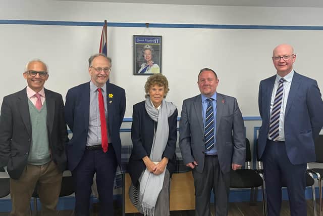Speakers at the anti-Northern Ireland Protocol rally in Saintfield Orange Hall. From left, ex-MEP Ben Habib, the DUP's Peter Weir, Baroness Kate Hoey, the TUV's Stephen Cooper and the UUP's Philip Smith. Date: Friday 20 April 2022.