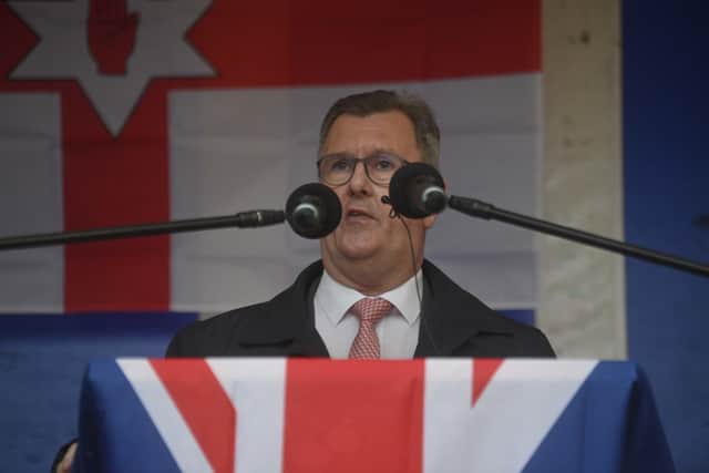 DUP Leader Jeffrey Donaldson speaks during a anti-Protocol rally in Bangor on Saturday. Picture: Mark Marlow/PA Wire