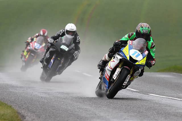 Dominic Herbertson (Burrows Engineering/RK Racing Yamaha) leads Michael Sweeney (MJR Yamaha) in the Supersport race at the Tandragee 100 on Saturday.