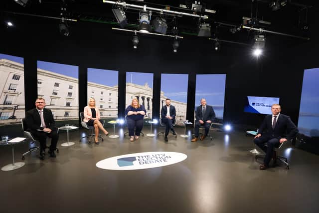 Leaders of the five main local political parties before recording of Sunday night’s UTV leaders debate with host Marc Mallett (far right) at Queen’s Film Theatre in south Belfast