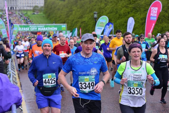 Pacemaker Press 01-05-2022: Thousands of runners pictured taking part in the 2022 Belfast City Marathon, as it returns to its traditional date during the May Day bank holiday weekend for the first time in three years.The event was put on hold due to the pandemic but came back last October. The marathon was first held in 1982 and is celebrating its 40th year.Picture By: Arthur Allison/Pacemaker Press.