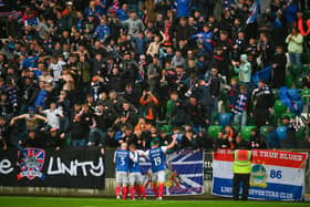 Linfield fans celebrate after Chris McKee put them 2-0 up on the stroke of half-time