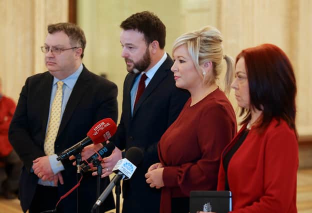Stephen Farry of Alliance, Colum Eastwood SDLP, Michelle O’Neill SF, Clare Bailey Green. Their parties had called for the rigorous implementation of the protocol