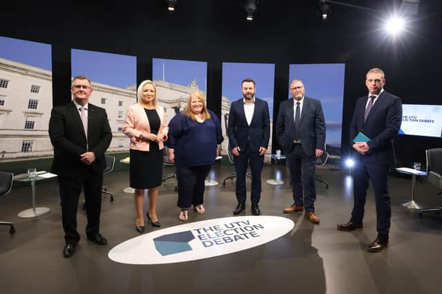 The main party leaders (from left) Sir Jeffrey Donaldson (DUP), Michelle O'Neill (Sinn Fein), Naomi Long (Alliance), Colum Eastwood (SDLP) and Doug Beattie (UUP) with presenter Marc Mallett (far right) before the UTV leaders debate at the Queen's Film Theatre in south Belfast