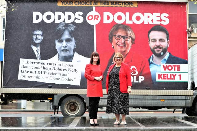 Dolores Kelly and Nichola Mallon in Market Street, Lurgan preparing for the upcoming elections this Thursday the 5th of May 2022