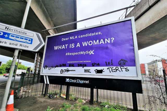 One of the recently vandalised signs by the motorway overpass in north Belfast