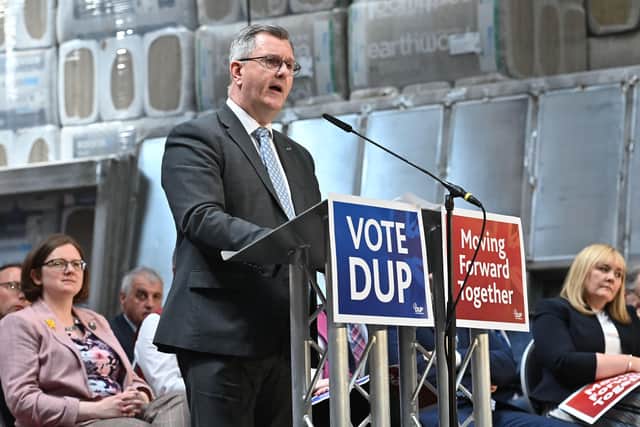 DUP leader Sir Jeffrey Donaldson giving a speech during his party's manifesto launch last week