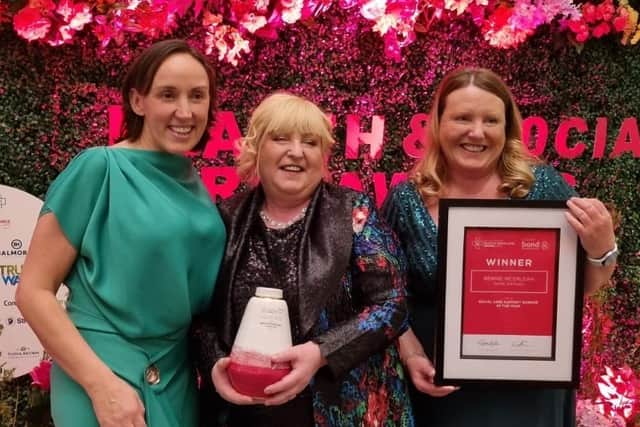 Lynn Elliott, owner of Home Instead Down and Lisburn, with Social Care Support Worker of the Year, Bernie McErlean, and Shona Burke, operations manager
