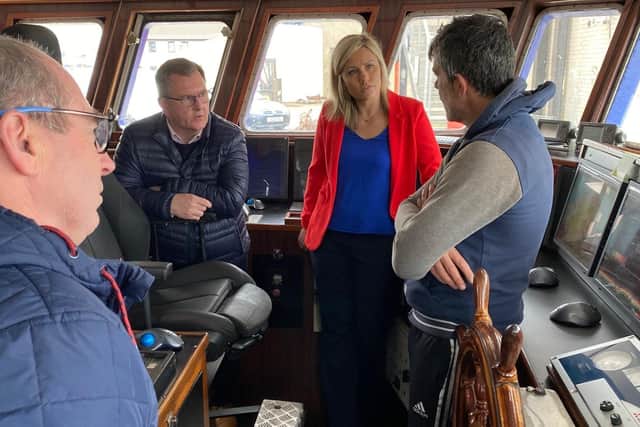 Diane Forsythe, acompanied by DUP leader Sir Jeffrey Donaldson, talks to fishermen while canvassing in her South Down constituency last month