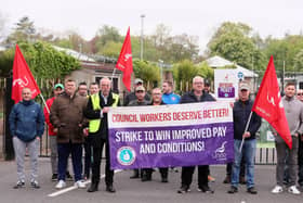 Belfast City Council union members hold a picket at Ormeau Recycling Centre in Belfast. Picture: Jonathan Porter/PressEye