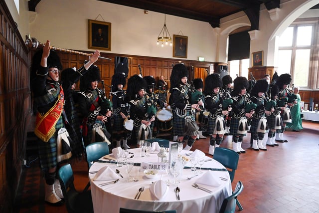 The Campbell College Pipes and Drums perform before the Friends of the Campbell College Pipe Band, Burns Night Supper. Picture: Michael Cooper
