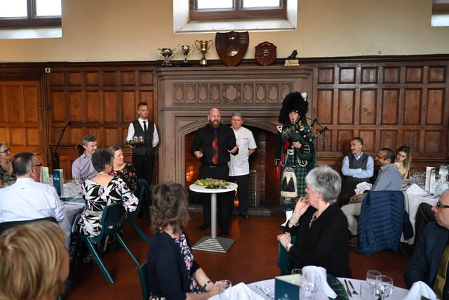 Matthew Warrick addresses the haggis after Pipe Major Matthew Wilson had piped in the haggis during the Friends of the Campbell College Pipe Band, Burns Night Supper. Picture: Michael Cooper