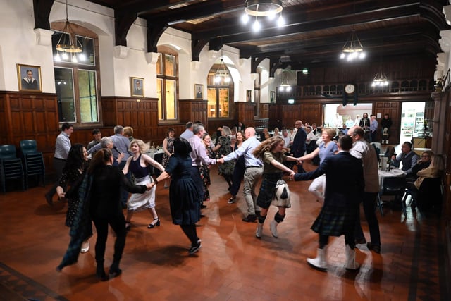 Guests enjoy the Ceilidh band Risinâ€TM Stour during the Friends of the Campbell College Pipe Band, Burns Night Supper. Picture: Michael Cooper