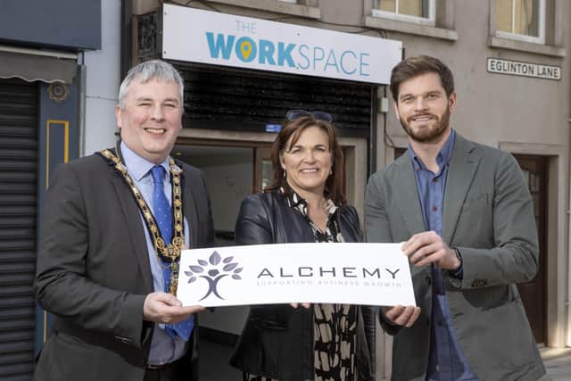 The Mayor of Causeway Coast and Glens Borough Council councillor Richard Holmes, Julienne Elliott, acting head of Place and Prosperity and Ben Brennan, owner