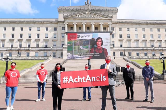 Irish Language activists and MLAs outside Parliament Buildings at Stormont in May 2021. Photo: Jonathan Porter/PressEye
