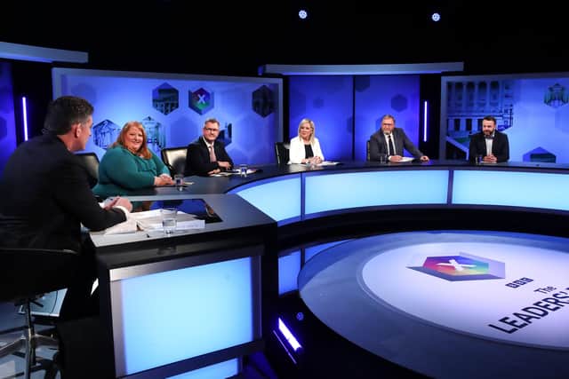 Sir Jeffrey Donaldson, Naomi Long, Michelle O’Neill, Doug Beattie and Colum Eastwood pictured with BBC NI’s Jim Fitzpatrick for BBC Election Northern Ireland 2022 - The Leaders’ Debate. Photo: William Cherry/Presseye