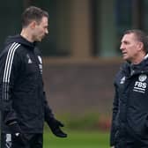 Leicester City manager Brendan Rodgers (right) with Jonny Evans