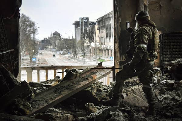 Kyiv was expected to become a version of Stalingrad. Instead, that horror has been visited on Mariupol, above (in this image a Russian soldier is seen at the city's damaged drama theatre)