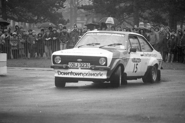 John Lyons and Bill Moffett from Castlederg, Co Tyrone, in an Escort competing in the Circuit of Ireland in Belfast in April 1982. Picture: News Letter archives