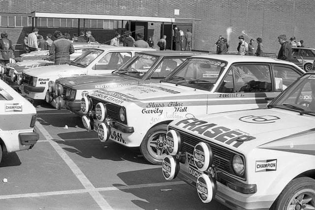 Some of the cars which were to take part in the April 1982 Circuit of Ireland lined up for the pre-rally scrutineering session at the Maysfield Leisure Centre, Belfast. Picture: News Letter archives