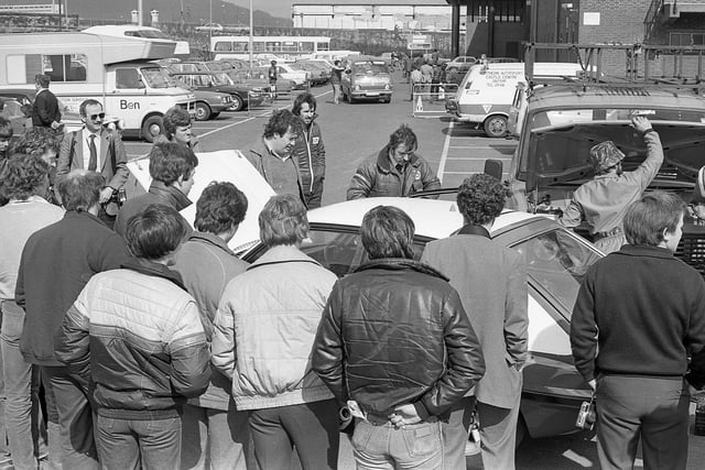 Circuit of Ireland competitors check in at the pre-rally scrutineering session in April 1982. Picture: News Letter archives