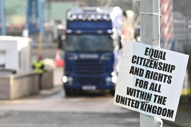 A sign at Larne Port protesting against the effects of the NI Protocol