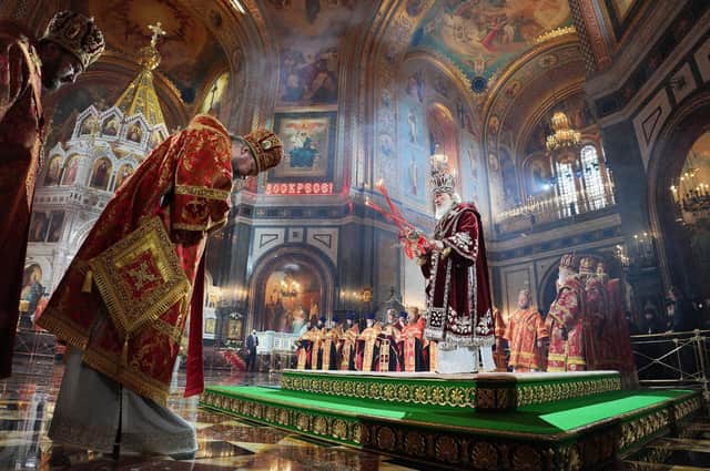 April 24, 2022: Patriarch Kirill of Moscow and All Russia celebrating Great Easter Vespers at the Cathedral Church of Christ the Savior in Moscow