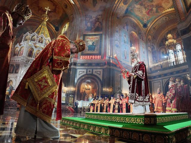 April 24, 2022: Patriarch Kirill of Moscow and All Russia celebrating Great Easter Vespers at the Cathedral Church of Christ the Savior in Moscow