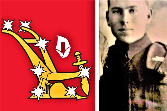 A logo of a type sometimes used by the IPLO and its fellow travellers, and Billy Sargent pictured in his WWII uniform; 48 years later he was killed in a random tit-for-tat shooting
