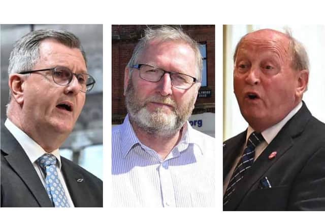 Sir Jeffrey Donaldson, the DUP leader, Doug Beattie, the UUP leader, and Jim Allister, the TUV leader