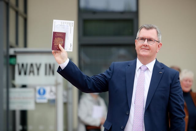 DUP leader Jeffrey Donaldson with the correct id outside Dromore Central Primary School.